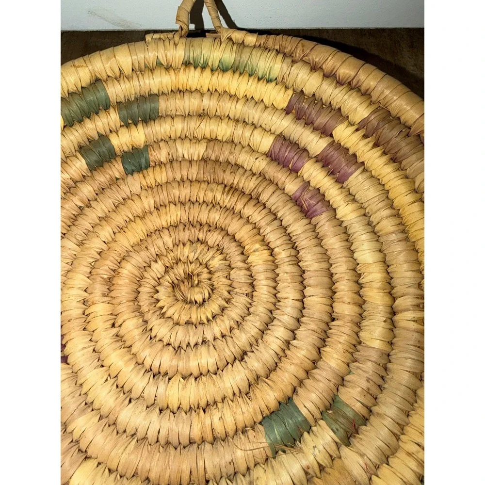 Vintage Hand Woven Coiled Straw Wall Hanging Basket Tray Boho Decor 12